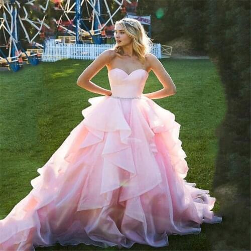 Sweetheart Ball Gown Pink Wedding Dresses Organza Ruffles Bridal Gowns 2020 Formal Lace Up Back Garden Wedding Dress