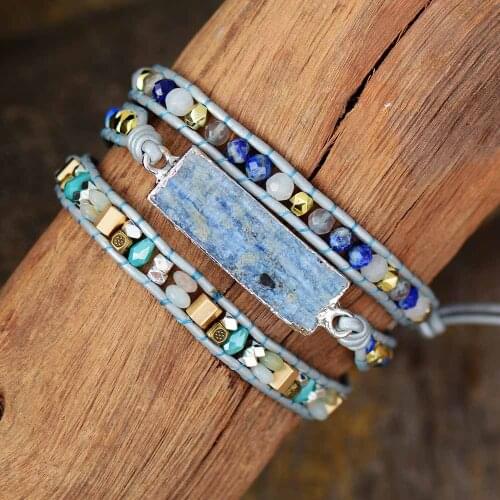 Multilayers Leather Wrap Bracelet W/ Natural Stone Aquamarines Beaded 3 Strands Bracelet Boho Beads Jewelry Wholesale Dropship