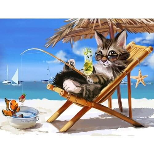Summer Beach Cat Animal DIY 40x50CM Painting By Numbers Hand Painted Oil Adult Child Picture Colouring Home Decor Unique Gift