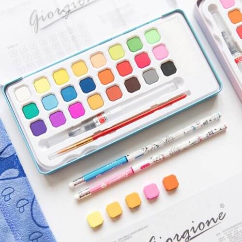 Iron box 24/18 colors solid watercolor pigment Powder cake art painting supplies childrens paint brush 9/7 pcs/set Art Supplies