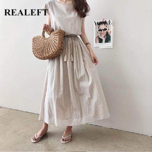 REALEFT Summer 2021 New Cotton and Linen Womens A-Line Dress High Waist Lace Up Loose O-Neck Vintage Female Umbrella Long Dress