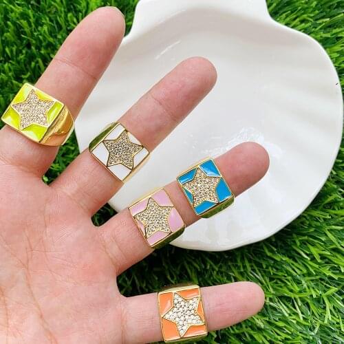 Square Shape CZ Star Carving Enamel Finger Ring Adjustable Brass Jewelry Fit For Girl/Women