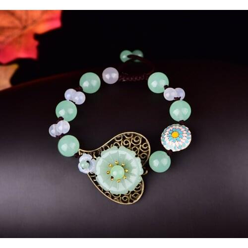Retro Natural Green Jade Dongling Love Flower Adjustable Bracelet Charm Jewellery Fashion Hand Knitted DIY Amulet Women Bangle