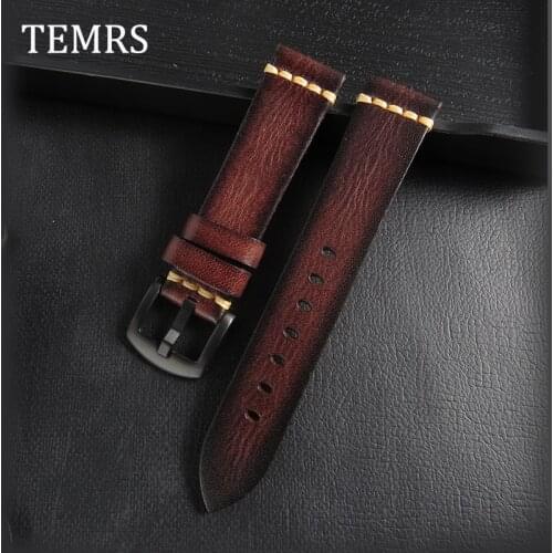 TEMRS Leather Watch Strap 18mm 20mm 22mm 24mm 26mm Band Watch Belt Handmade Cowhide Watchband Leather Classic Vintage