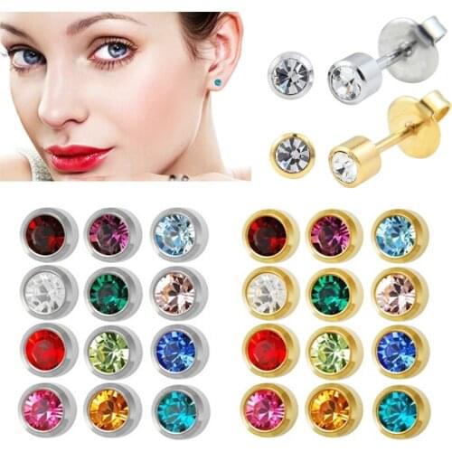 Showlove-24 Pairs Surgical Steel Mixed Gem steel & Gold Ear Studs Earrings Ear Piercing Classic Body Fashion Jewelry 16G 1.2mm