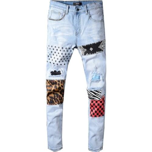 SEVEYFAN 2021 Mens Skinny Ripped Printed Jeans Fashion Patchwork Denim Pants for Male
