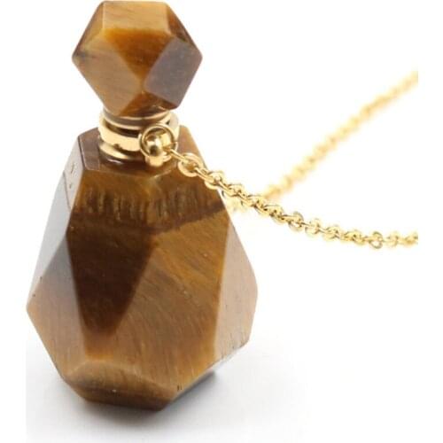 Light Yellow Gold Color Geometric Shape Natural Tiger Eye Stone Pendant Perfume Bottle Necklace Inspiration Jewelry