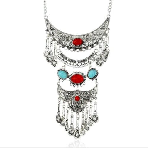 Statement Silver Plated Many Colors Turquoises Stone Pendant with Tassels Necklace Ethnic Style Jewelry