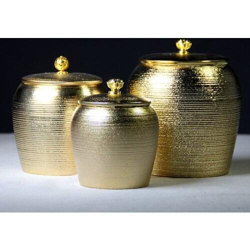 Creative Golden Tea Caddy Plating Ceramic Storage Tank Kitchen Food Sealed Pot Creative Jewelry Necklace Storage Box Home Decor