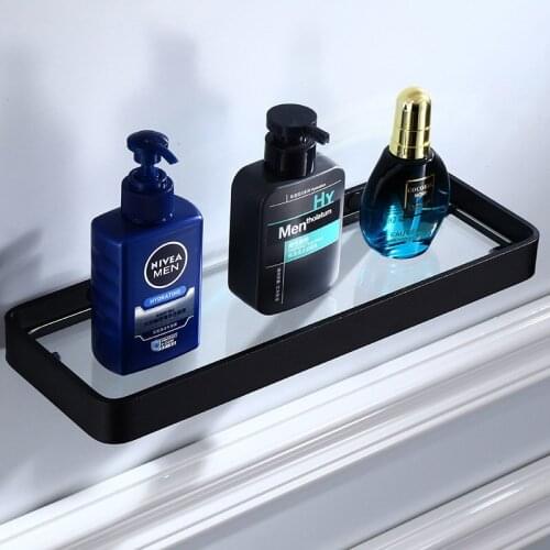Bathroom Shelf Aluminum Shampoo Soap Cosmetic Corner Shelves Bathroom Storage Organizer Rack Black Square Glass Corner Shelf