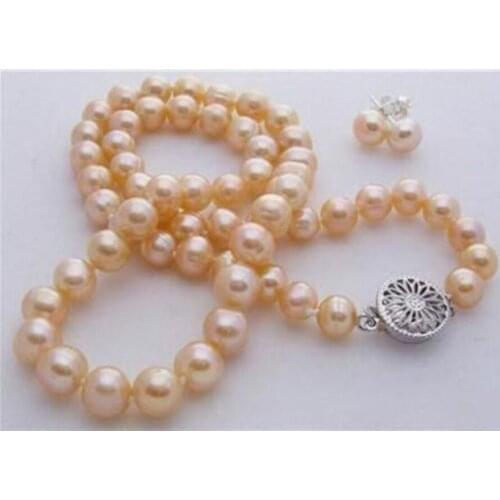 Jewelry Free Shipping 8-9MM Genuine Natural Pink Akoya Cultured Pearl necklace earrings set