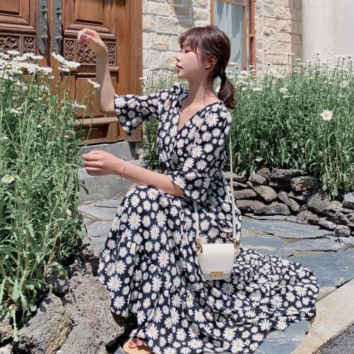 2021 new v-neck floral sexy slim personality asymmetrical wave point Long Sleeve French Women Dress Elegant