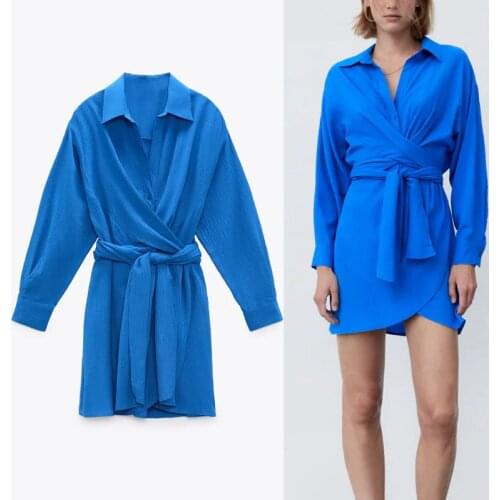 ZA 2021 Blue Belted Mini Shirt Dress Women Long Sleeve Pleated Elegant Office Lady Dress Fashion Button Up Ruched Summer Dresses