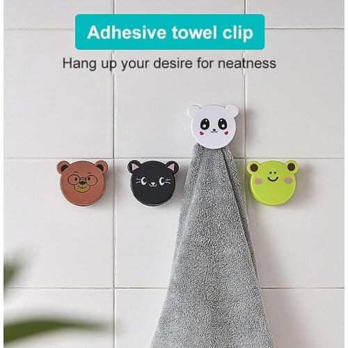 1pc No Punch Bathroom Cartoon Towel Clip Self-adhesive Towel Storage Clip Kitchen Wall Mounted Rag Rack Home Storage Accessories