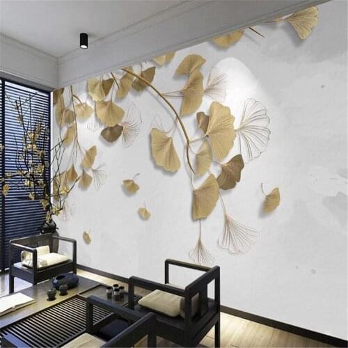 Milofi customized 3D printing wallpaper mural fashion simple golden line ginkgo leaf background wall decorative painting