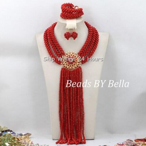 Handmade African Wedding Beads Bridal Jewelry Sets Red Nigerian Beads Necklace African Costume Jewelry Set Free Shipping ABC991