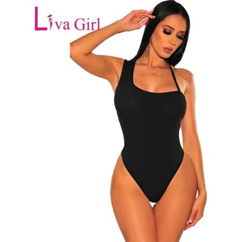 LIVA GIRL Asymmetrical Women Bodysuit Ribbed Knit Solid Sexy Body Suit Bodycon Jumpsuit with Thong Bottom Casual Female Body Top