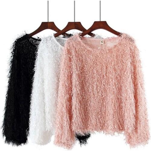Blouse Women Tassel Long Sleeve Top O-neck Short Furry Blusas Ropa De Mujer