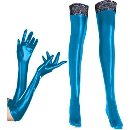 Plus Size 2PCS Set Sexy Shiny Faux Leather Long Gloves Lace Edge Thigh High Stockings Cosplay Party Costume Accessories