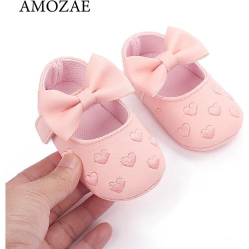 Newborn Girls Shoes PU Leather Princess Shoes Baby Girls Baby Embroidery Love Bow Footwear Soft Soled Infant Toddler Kids Shoes