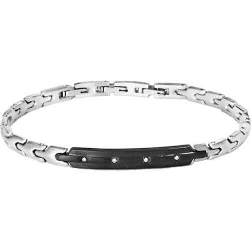 Runda Mens Square Brand Black Stainless Steel Bracelet Jewelry Inlaid White CZ Stone For Boyfriend Holiday Gift