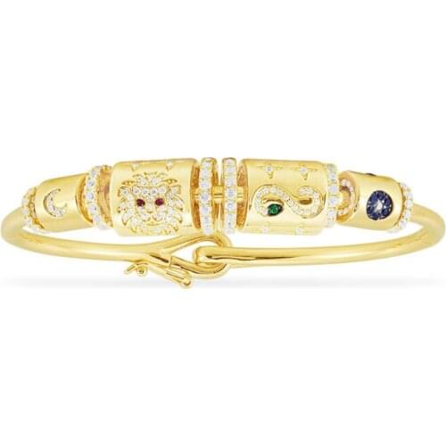 SLJELY Real 925 Sterling Silver Yellow Gold Color Lion and Serpent Bangle with Sliding Loops Women Egyptian Tribute Bracelet