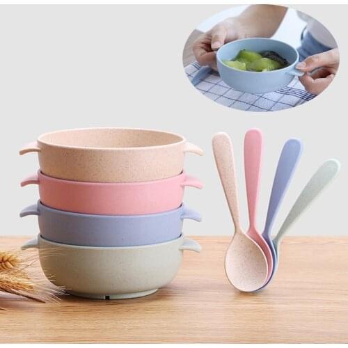 Baby Feeding Bowl 2Pcs/Set Baby Feeding Food Wheats Straw Handle Bowl Spoon Training Tableware Kids Feeding Baby accessories