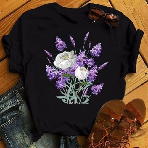 Purple Flower Printed T Shirt Harajuku Women T Shirt Ladies Summer Casual Tops Short Sleeve Tee Shirts Woman Summer T-shirt Tops