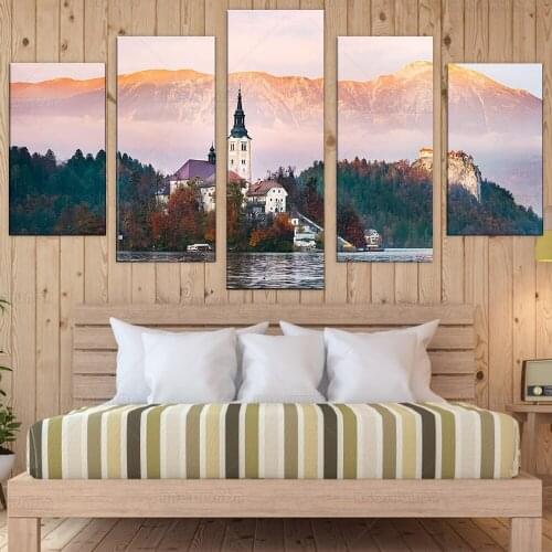 5 Piece Canvas painting Wall Art Golden Mountain Forest Castle and Lake Modern Natural Landscape Pictures poster Home Decor