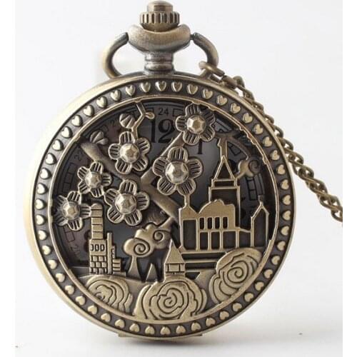 New quartz Bronze antiques flowers Hollow woman and men gift steampunk Necklace pocket watches