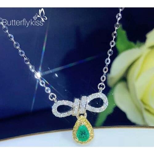 BK 18K Emerald Necklace With Genuine Gold 585 Bowknot Pendant Necklace For Women Wedding Party Jewelry Chain On The Neck