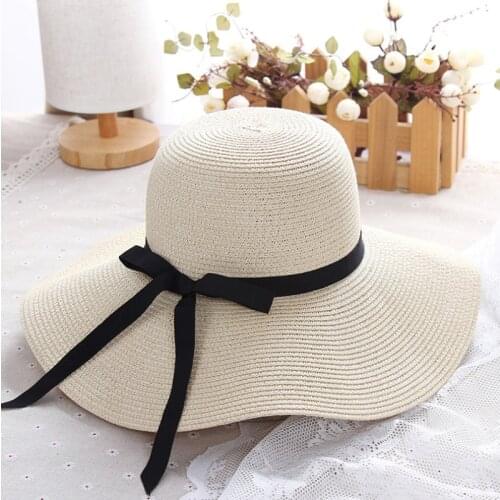 Simple Foldable Wide Brim Floppy Girls Straw Hat Sun Hat Beach Women Summer Hat UV Protect Travel Cap Lady Cap Female