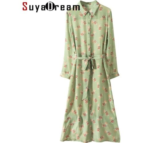 SD Women Long Dress 100%Silk Crepe Floral Printed Long Sleeved Belted Dresses 2020 Spring Summer New