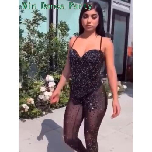 Sexy Nightclub See Through Rhinestones Jumpsuits Black Elastic Tights Jazz Dance Bodysuits Party DJ Singer Performance Rompers