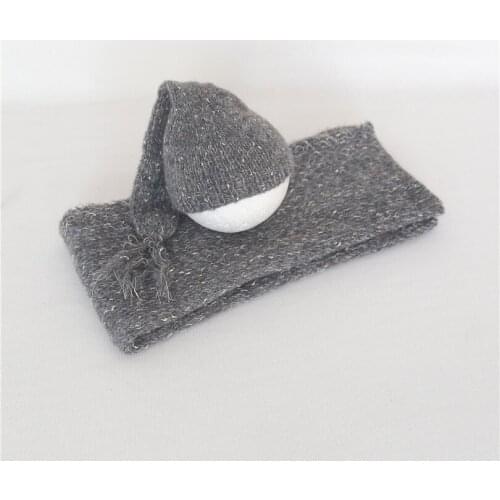 Gray Newborn Stretch Knit Wrap Full Set Handknitted Fluffy Sleepy Hat and Jersey Wrap Outfit Newborn Photography Props