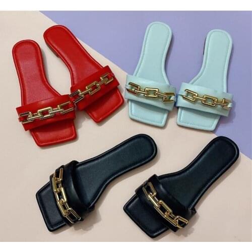 New Square Toe Women Slippers Fashion Chain Flat Sandals Ladies Beach Slides Ladies Mules Shoes PU Leather Female Footwear