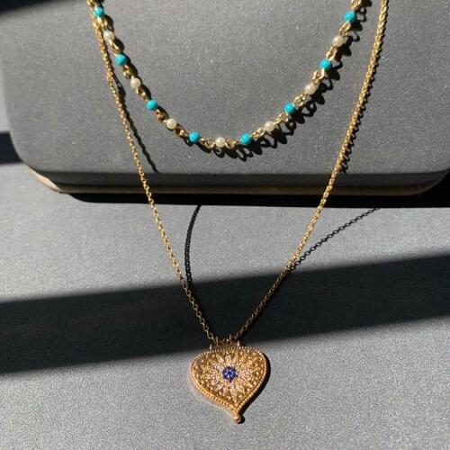 UMGODLY Fashion Brand Necklace Yellow Gold Color Heart Pendant Medal and Blue Stone Double Chain Adjustable Women Jewelry Gift