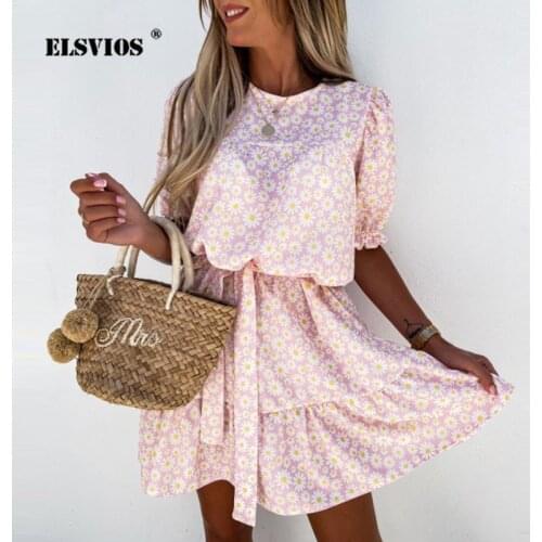 Vestido Daisy Peach Print Summer Dress Women O-neck Half Sleeve Mini Dress Ladies New Fashion Sexy Slim High Waist Party Dresses
