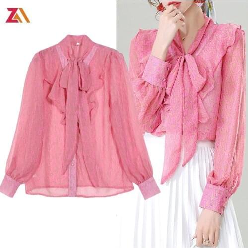 ZALady Korean fashion pink elegant office work bow collar women shirts tops long sleeve ruffles Chiffon traf woman blouses femme