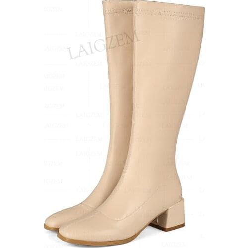 LAIGZEM Women Knee High Boots Side Zip 5CM Mid Block Heels Tall Boots Faux Leather Ladies Black Shoes Woman Big Size 31 40 44 48