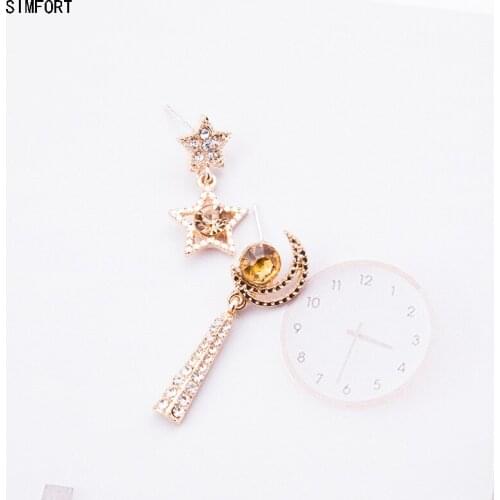 Womens 925Silver Pin Earring Full Diamond Asymmetric Star Moon Elegant Fashion Simple Personality Alloy Decoration Jewelry Gift