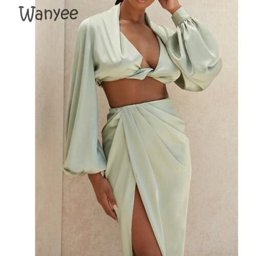 Womens Fashion two-piece Set Summer Sexy Cropped Blouse Suit Clothes Satin Long-Sleeve Top + High Slit Long Skirt Vacation 2021