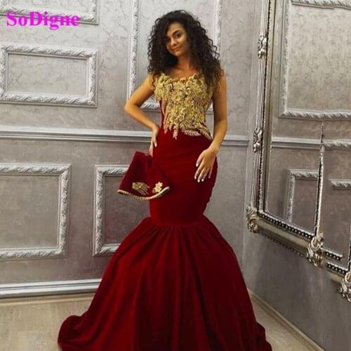 SoDigne Burgundy Mermaid Prom Dresses 2021 Velvet Gold Lace Appliques Kaftan Morrcco Women Party Evening Gown robe de soiree