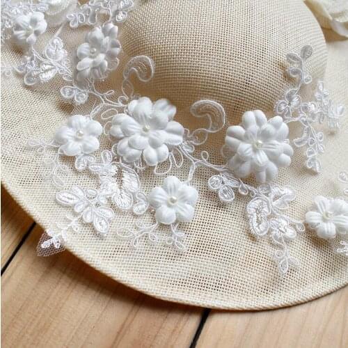 1 Piece 34*18cm exquisite pearl beaded 3d flower lace applique Ivory embroidery mesh sewing fabric trim for evening dress cl