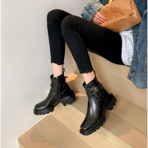 Platform Boots for Women 2021 Autumn Winter Genuine Leather Shoes Woman Black Colors Party Chunky Heels Ankle Boots Heels