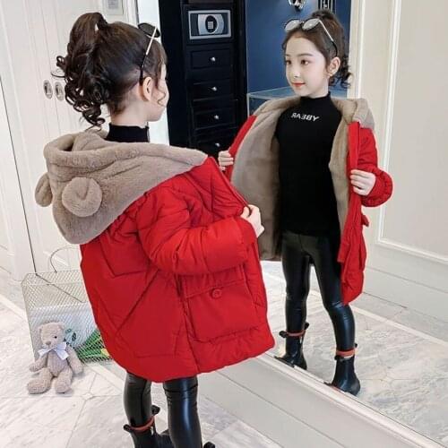New Sale Solid Color Cotton Outerwear Fashion Children Autumn Winter Warm Hooded Parkas Age For 4 6 8 10 12 Yrs Girl Clothing