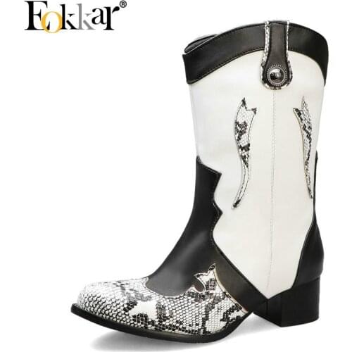 Eokkar 2020 Women Cowbpy Ankle Boots Winter Snake Boots Round Toe Fashion Square Mid Heel Ladies Western Cowgir Boots Size 34-43