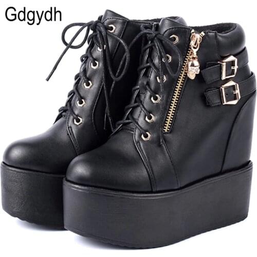 Gdgydh 2021 New Skull Lace-up Women Ankle Boots Platform Wedges Boots Black White Female Short Boots Zipper Gothic Ladies Shoes