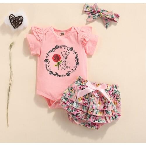 Infant Short Sleeve Romper +Ruffle Shorts + Bow Headband, Flower Print Sweet Style Summer Baby Girl Clothes 0-18M