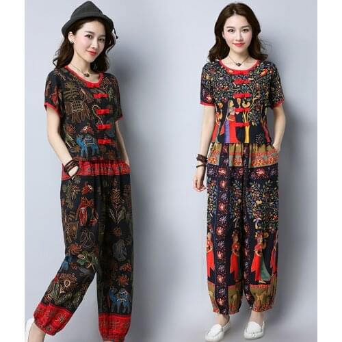 Women summer new national wind cotton and linen suit women loose casual printing short-sleeved + wide leg trousers two-piece